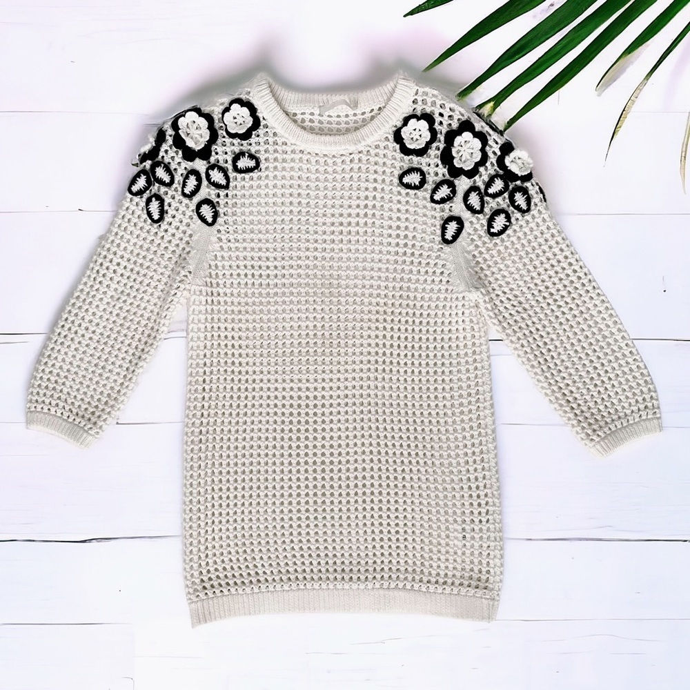 Anne Fontaine Net Open weave crochet knit floral appliqué sweater black white